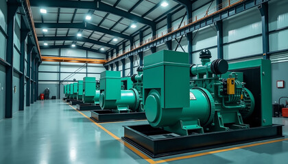 Obraz premium Machine room with a large powerful generators in the center, electricity production, power plant