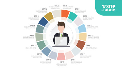 employee full circle Pie charts for infographics. Elements with 10, 11, 12, 13, 14, 15, 16, 17, 18, 19, 20 steps, options.