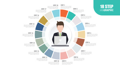 employee full circle Pie charts for infographics. Elements with 10, 11, 12, 13, 14, 15, 16, 17, 18, 19, 20 steps, options.