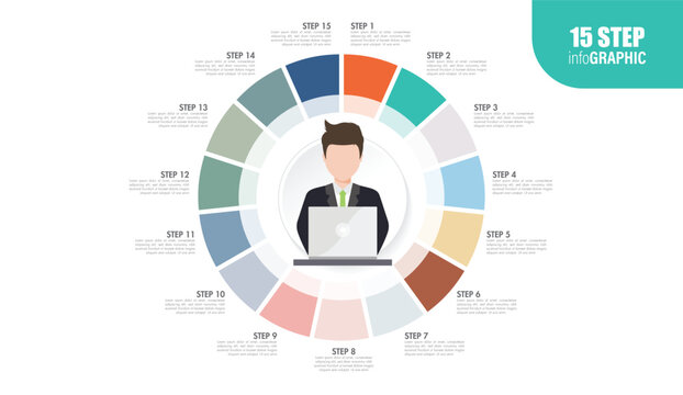 employee full circle Pie charts for infographics. Elements with 10, 11, 12, 13, 14, 15, 16, 17, 18, 19, 20 steps, options.