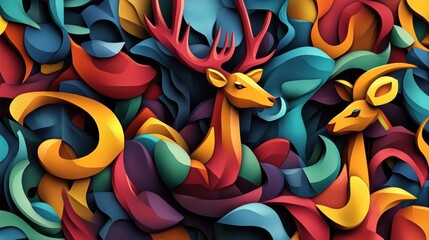 Obraz premium High-quality 3D animal pattern with textured relief, colorful abstract style, modern geometric flair in sharp detail.