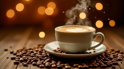 Fototapeta premium Cup of coffee with foam and chocolate pattern on a festive Christmas background.