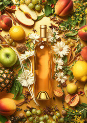 Fresh Fruit Arrangement Around White Wine Bottle Mockup