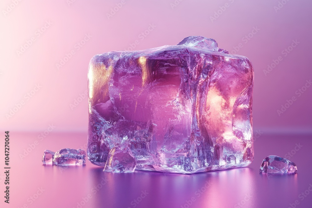 Aufkleber a large, translucent purple ice cube with smaller shards on a reflective surface.