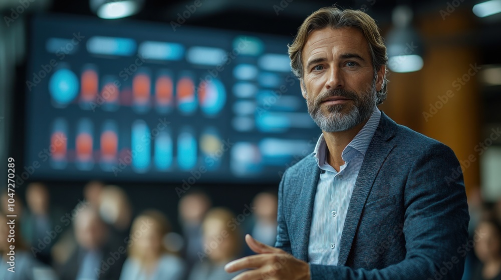 Poster a business presentation with a speaker addressing an audience in a modern setting.