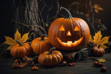 Obraz premium halloween, pumpkin, autumn, orange, holiday, lantern, face, october, scary, fall, decoration, vegetable, jack, carved, evil, horror, jack-o-lantern, celebration, season, spooky, symbol, isolated, smil