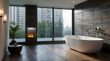 Modern Luxury Bathroom with Freestanding Tub and Contemporary Dark Tile Design