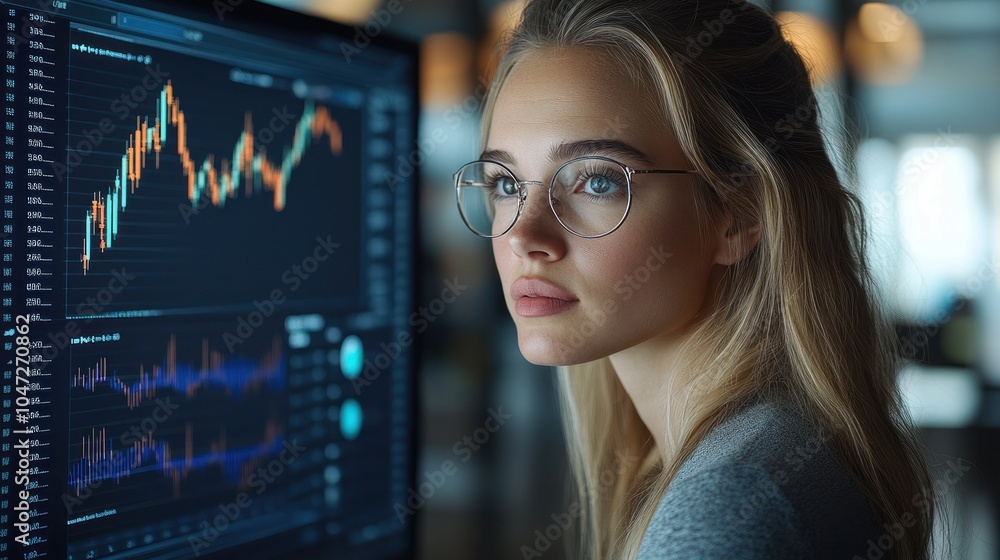 Poster a focused individual analyzing data on a computer screen with financial graphs.