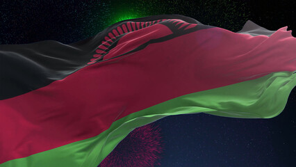 Malawi flag - Waving flag on celebrating fireworks for national holiday day. Ceremony for patriotic...