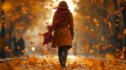 A woman in a brown coat and red scarf walks through a park as leaves fall around her.