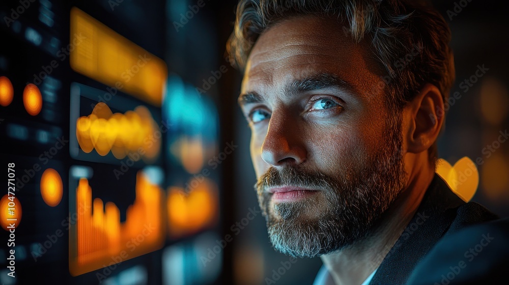 Poster a focused man gazes at data visualizations in a dimly lit environment.