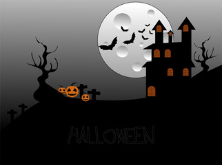 Halloween background with castle , pumpkin graveyard and bats flying. Vector illustration.Halloween celebrate festival 