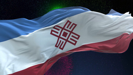 Fototapeta premium Mari El flag - Waving flag on celebrating fireworks for national holiday day. Ceremony for patriotic celebration of nation 
