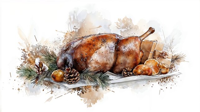 Roasted goose in Christmas still life, festive arrangement, artistic illustration, copy space