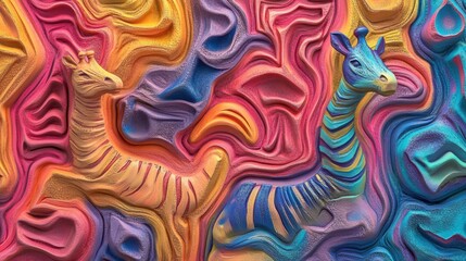 High-resolution animal relief pattern, smooth textures in colorful 3D design, vibrant and polished.