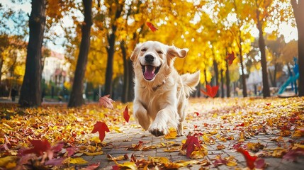 Wide shot. A happy golden retriever running through a fall park. Warm sunny day