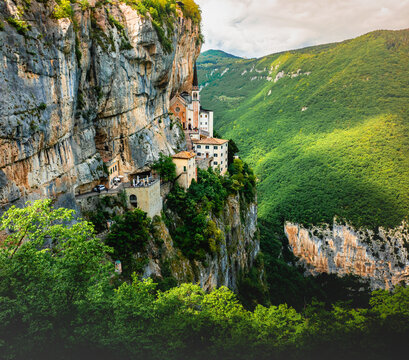 Aerial photo with drone of Santuario Madonna Della Corona in Italy