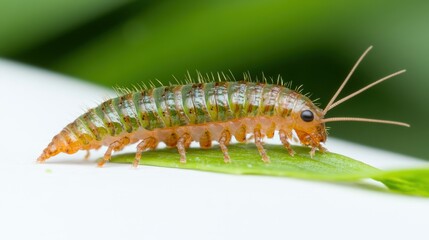 Fototapeta premium Green Mealworm Larva Crawling on Leaf Macro Photography