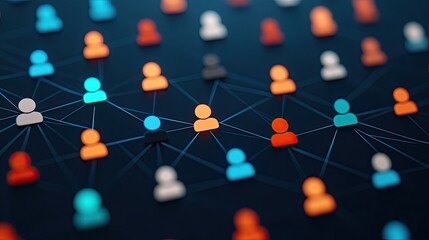 Visualization of a networked community with colorful icons representing users interconnected through lines, showcasing digital connectivity.