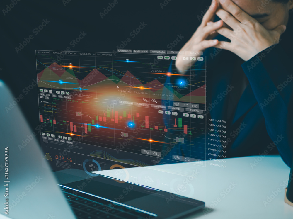 Poster person use laptop system trader with digital stock market growth graph with trading data. invest in 