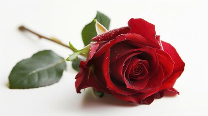 Fototapeta premium A Single Red Rose with Water Droplets on White Background