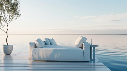 A serene minimalist retreat with a white canvas backdrop, Minimal furniture arrangement in a lakeside cottage, Lakeside minimalism style