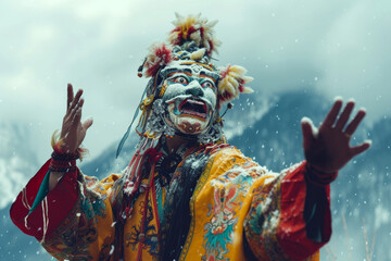 Fototapeta premium Tibetan masked dancer performing traditional ritual Cham dance dance in mountains, showcasing colorful attire and spiritual celebration, embodying ancient cultural heritage