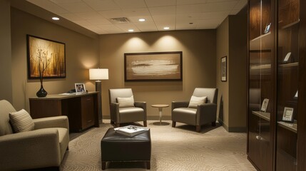 A therapist's office with soft lighting and comfortable seating,