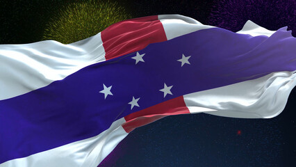 Netherlands Antilles flag - Waving flag on celebrating fireworks for national holiday day. Ceremony...