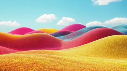 Minimalist 3D landscape, colorful meadow and bright hills with high-quality relief and textures.