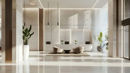 A sleek and contemporary boutique hotel lobby design featuring a pristine white canvas backdrop, Minimalist lobby furniture arranged for comfort and style, Contemporary minimalist style