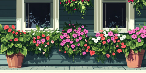 Impatiens blooming in a planter beneath a porch overhang, illustration art