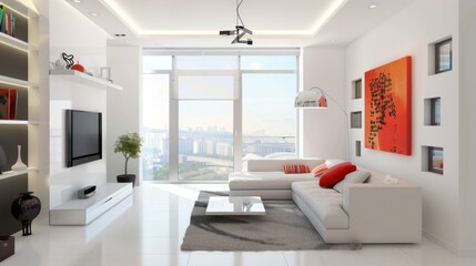 Fototapeta premium A sleek and contemporary living room design boasting a white canvas backdrop, Carefully positioned minimalist furnishings, Urban minimalist style