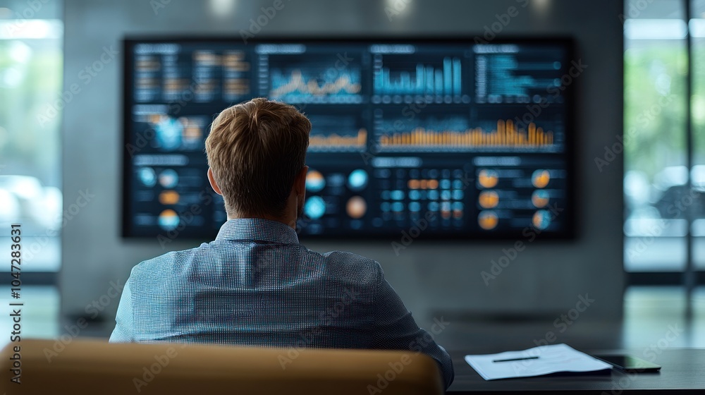 Poster a person analyzing data on a large screen in a modern office setting.