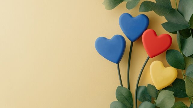 Colorful heart-shaped decorations with green leaves on a yellow background, symbolizing love and joy.