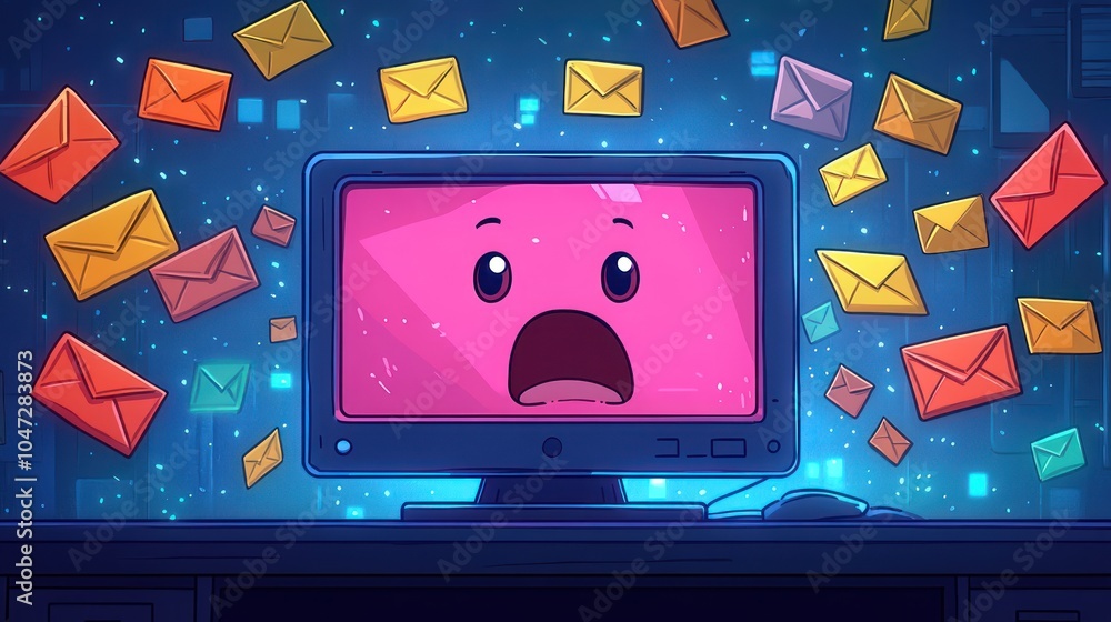Poster A cartoonish computer screen with a surprised face, surrounded by floating envelopes.