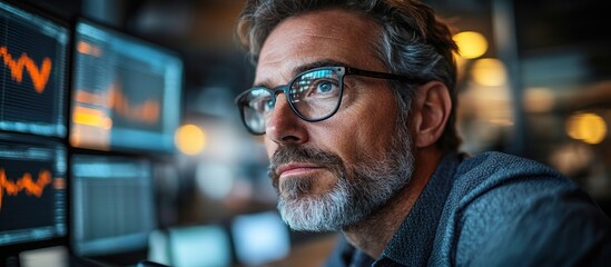 A thoughtful man analyzing data on multiple computer screens in a modern workspace.
