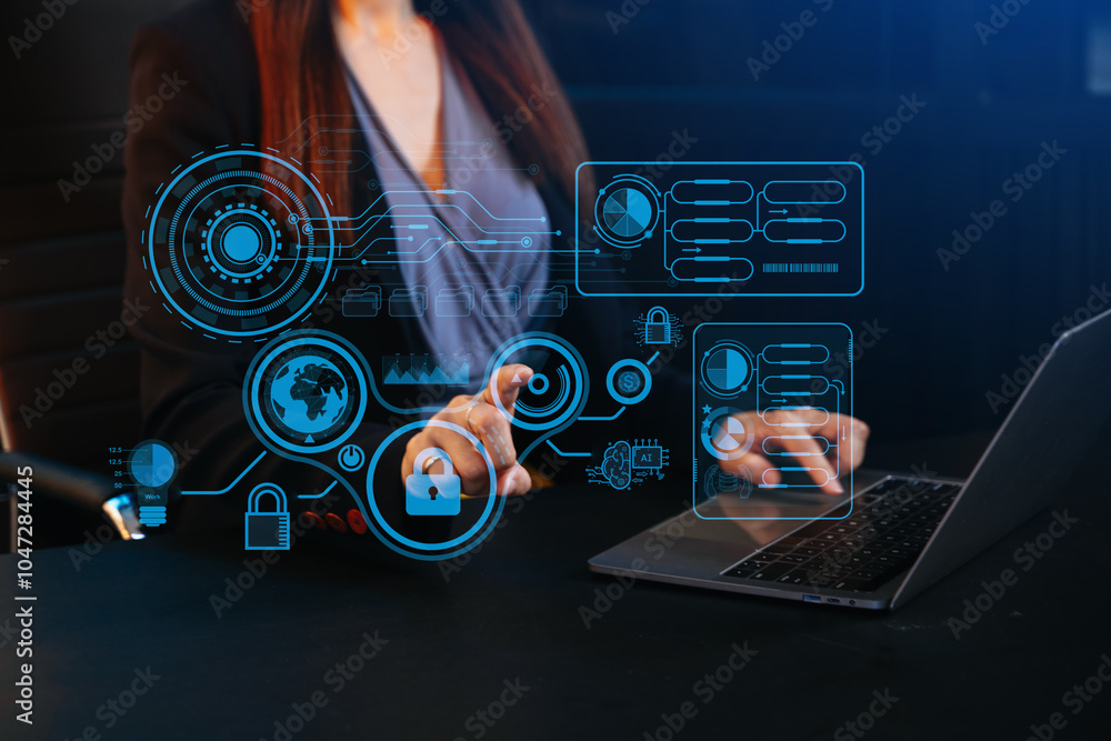 Poster cyber security data protection business working on compute intelligenc digital tablet global network