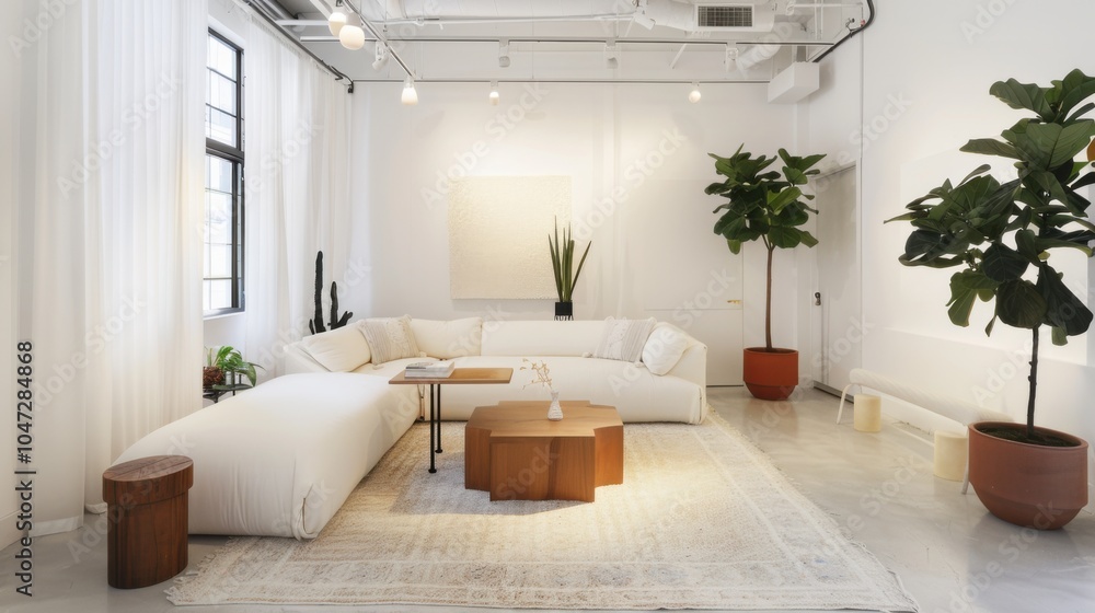 Poster a sleek and contemporary lounge design with a white canvas backdrop, thoughtfully curated minimalist