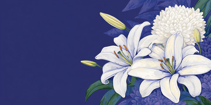 Naklejki Lilies and chrysanthemums intertwined in a structured funeral arrangement, illustration art