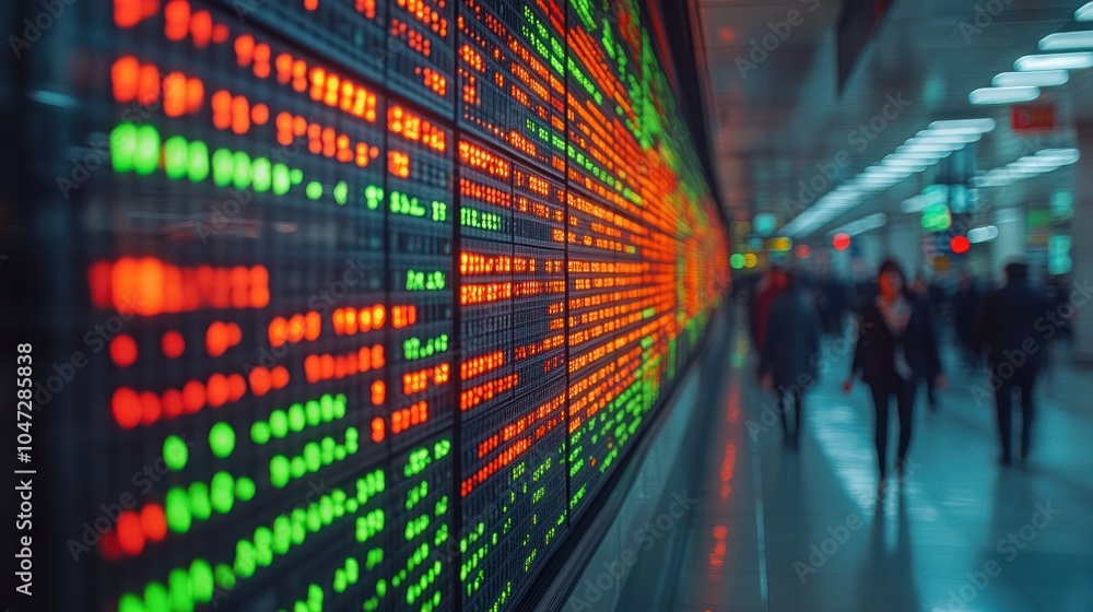 Poster a digital display board showing stock market data with green and red indicators.