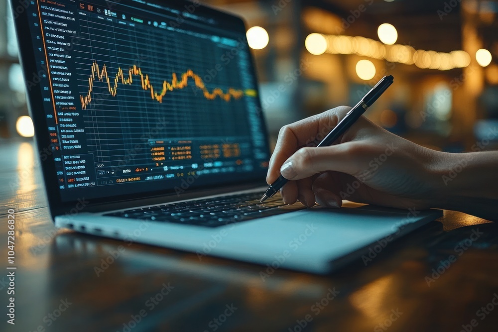 Poster a hand using a pen on a laptop displaying financial data and graphs.