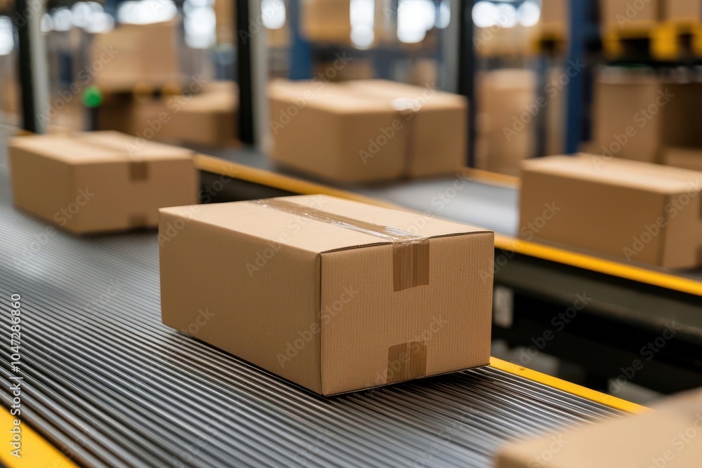 Aufkleber automated sorting system in warehouse, packages moving on belts, clean design