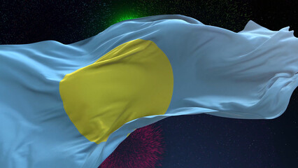 Palau flag - Waving flag on celebrating fireworks for national holiday day. Ceremony for patriotic...