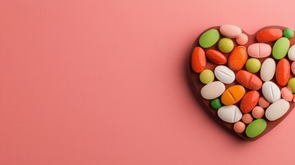 Obraz premium Colorful pills arranged in the shape of a heart on a pink background, a symbol of love and care for health, deep affection with medication