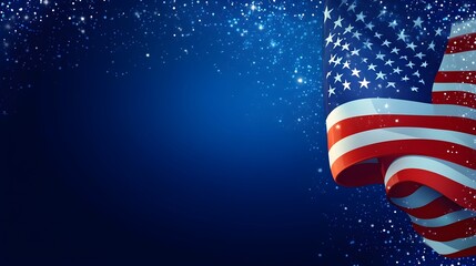 Campaign banner with a waving American flag in the corner, clear free space in the center for text, rich blue background with subtle sparkles, elegant vector style, soft ambient lighting
