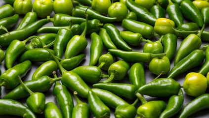 Image of a pile of long green chili peppers, fresh green chilies, chilies arranged randomly