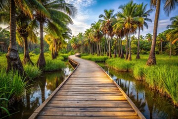 Fototapeta premium Wooden path through swamp with palm trees in the background, tilted angle