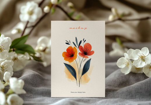 Floral Greeting Card Mockup &ndash; Elegant Spring Arrangement with Blossoms and Soft Fabric Background for Wedding, Invitation or Seasonal Branding Display