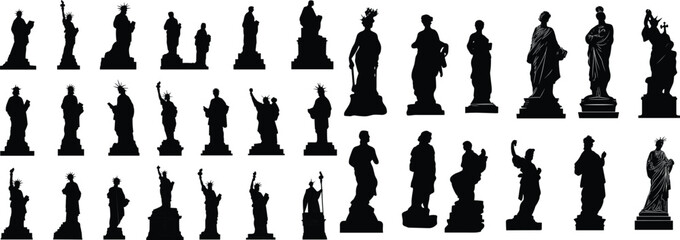 Ancient Greek solid black color sculptures of gods, goddess and heros, vector silhouettes antique statues of men and women figures, bust and full body, hand drawn isolated clip art bundle © MDARIF